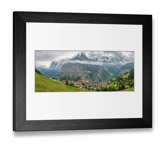 Framed Print : Europe, Switzerland, Bernese Oberland. Panoramic of mountains and village in valley Framed Print : Europe, Switzerland, Bernese Oberland. Panoramic of mountains and village in valley