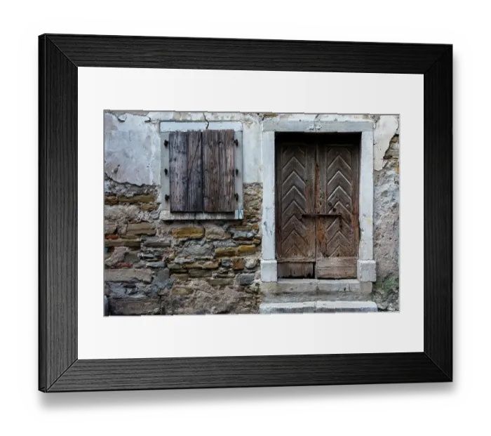 Framed Print : A view of a wooden door and shuttered window. Isola, Slovenia