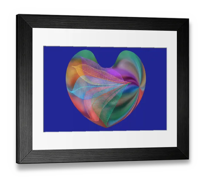 Framed Print : Multi-colored skeleton leaves arranged in heart-shape on blue background Framed Print : Multi-colored skeleton leaves arranged in heart-shape on blue background