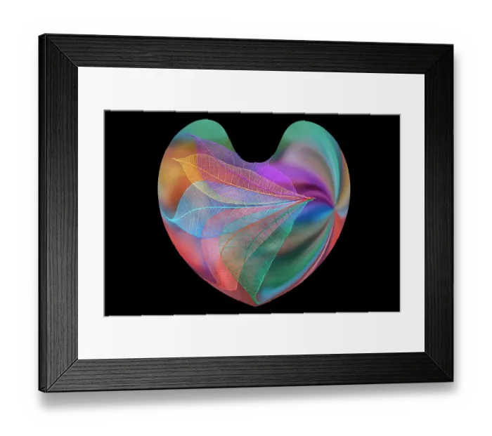 Framed Print : Multi-colored skeleton leaves arranged in heart-shape on black background