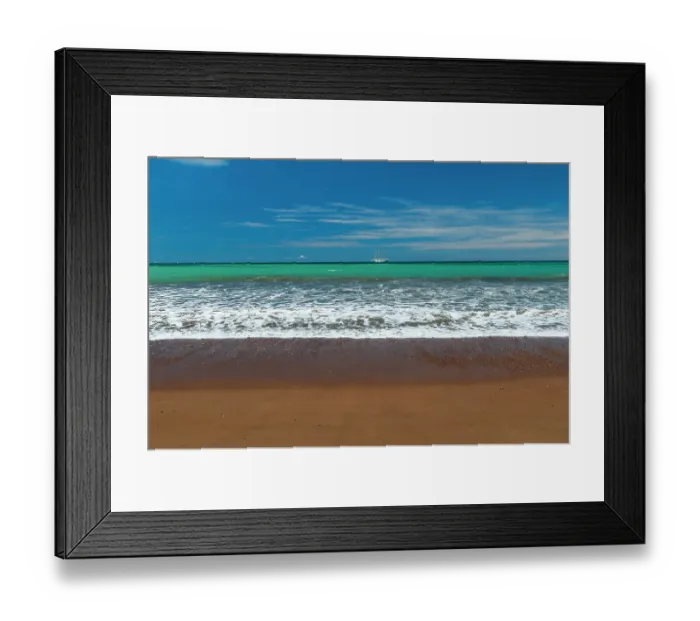 Framed Print : Gentle surf surging onto a sandy beach. The Star Flyer sailing cruise ship in the distance. Drake Bay, Osa Peninsula, Costa Rica