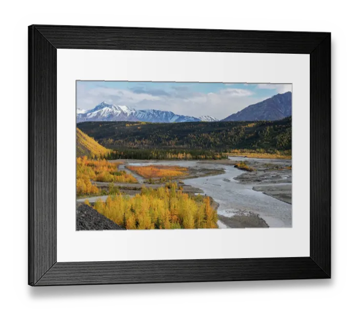 Framed Print : USA, Alaska, Chugach National Forest. Autumn landscape with mountains and Matanuska River