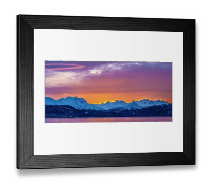 Framed Print : USA, Alaska. Sunrise panoramic on mountains and Chilkat River Framed Print : USA, Alaska. Sunrise panoramic on mountains and Chilkat River