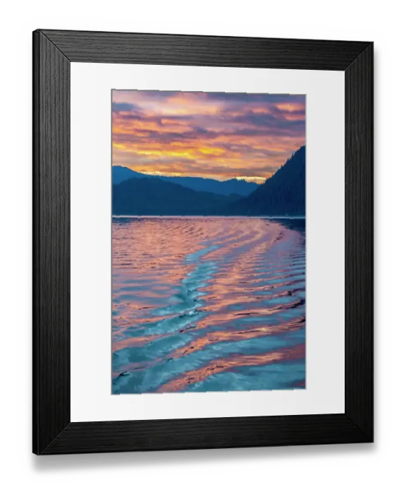 Framed Print : USA, Alaska, Tongass National Forest. Sunset reflections on inlet water