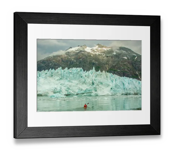 Framed Print : USA, Alaska, Glacier Bay National Park. Margerie Glacier ice and man in kayak Framed Print : USA, Alaska, Glacier Bay National Park. Margerie Glacier ice and man in kayak