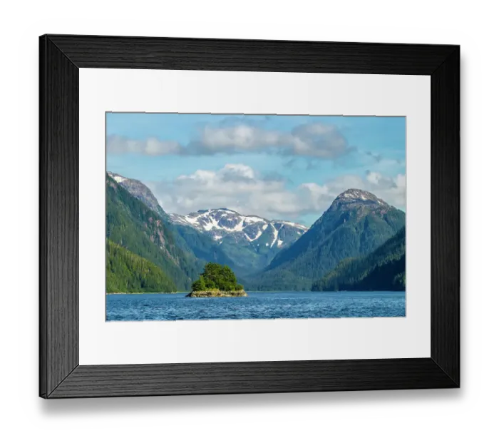 Framed Print : USA, Alaska, Tongass National Forest. Landscape with mountain and island in inlet Framed Print : USA, Alaska, Tongass National Forest. Landscape with mountain and island in inlet