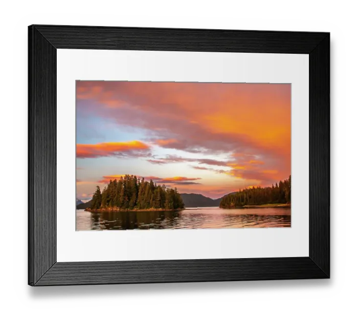 Framed Print : USA, Alaska, Tongass National Forest. Sunset on Admiralty Island and inlet