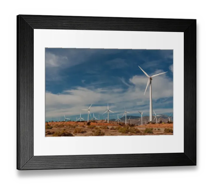 Framed Print : Rows of windmills on a wind farm. Palm Springs, California