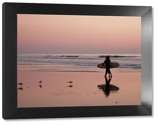 Surfers cast a shadow on wet sand as they walk on Huntington Beach at sunset. California, USA