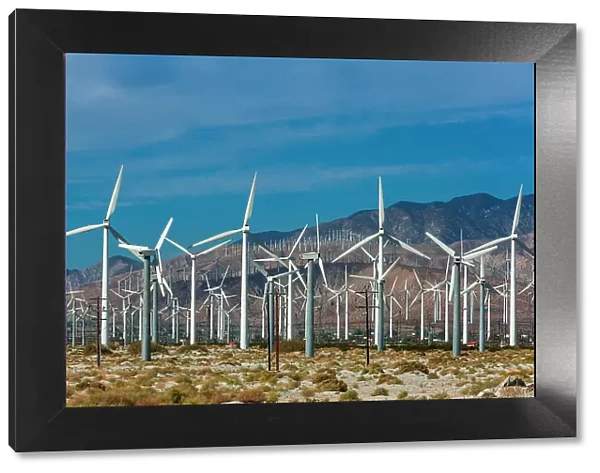 A wind farm in the San Gorgonio Pass near Palm Springs. San Jacinto Mountains, Riverside County, California, USA