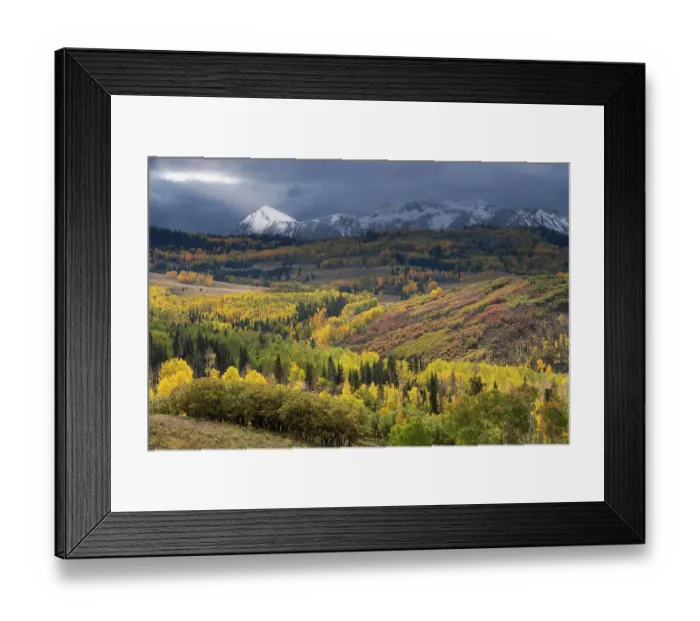 Framed Print : USA, Colorado, Uncompahgre National Forest. Storm spotlight shines on Dolores Peak in autumn Framed Print : USA, Colorado, Uncompahgre National Forest. Storm spotlight shines on Dolores Peak in autumn
