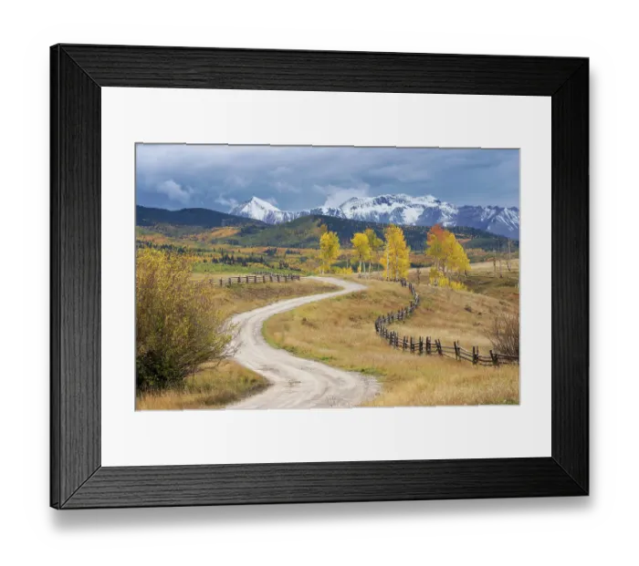 Framed Print : USA, Colorado, Uncompahgre National Forest. Landscape with county road and San Juan Mountains Framed Print : USA, Colorado, Uncompahgre National Forest. Landscape with county road and San Juan Mountains