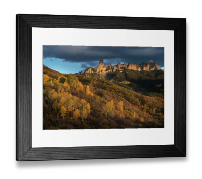 Framed Print : USA, Colorado, Uncompahgre National Forest. Sunset on aspens and rock formations