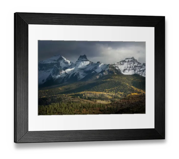 Framed Print : USA, Colorado, Uncompahgre National Forest. Mt Sneffels with storm and forest in autumn
