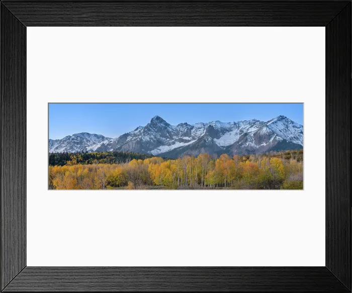 Framed Print : USA, Colorado, Uncompahgre National Forest. Panoramic sunset on aspen forest and Sneffels Range Framed Print : USA, Colorado, Uncompahgre National Forest. Panoramic sunset on aspen forest and Sneffels Range