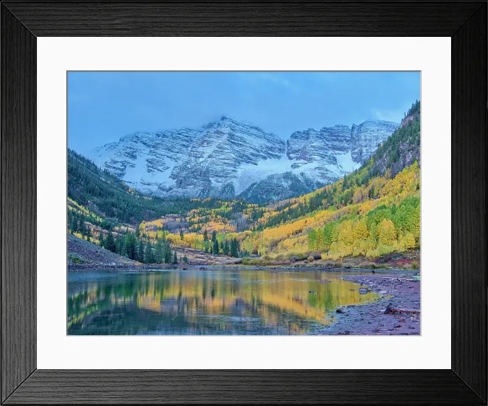 Framed Print : USA, Colorado, Aspen. Maroon Bells, snow-covered Aspens and firs