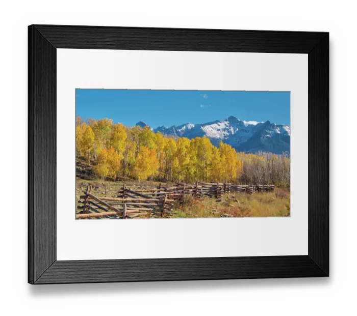 Framed Print : USA, Colorado, Quray. Dallas Divide, sunrise on the Mt. Snaffles with autumn colors and split rail fence Framed Print : USA, Colorado, Quray. Dallas Divide, sunrise on the Mt. Snaffles with autumn colors and split rail fence
