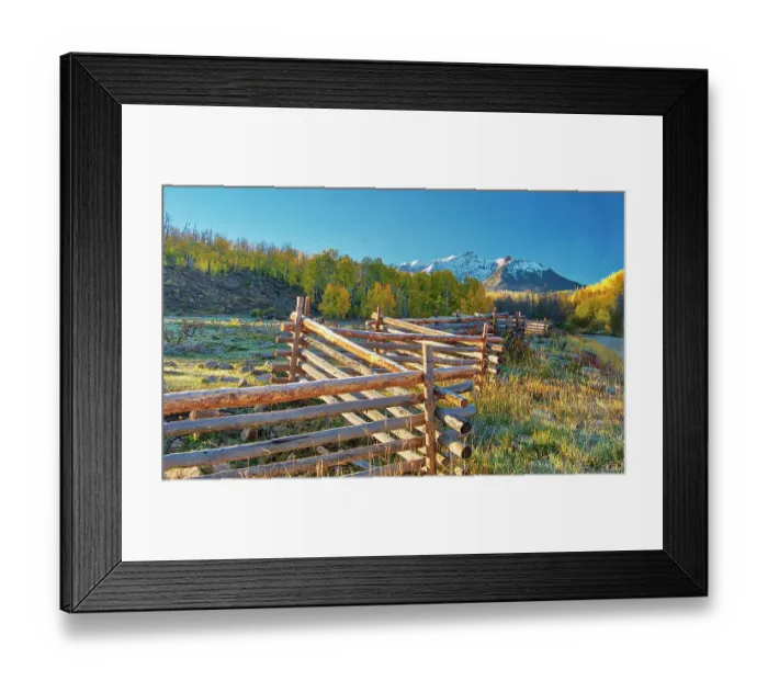 Framed Print : USA, Colorado, Quray. Dallas Divide, sunrise on the Mt. Snaffles with autumn colors and split rail fence Framed Print : USA, Colorado, Quray. Dallas Divide, sunrise on the Mt. Snaffles with autumn colors and split rail fence