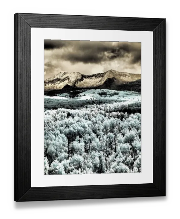 Framed Print : USA, Colorado. Infrared of Aspens with mountain range in fresh snow