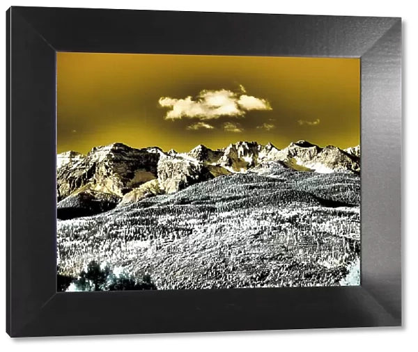 USA, Colorado. Infrared of view of Mount Sneffels and Aspen trees