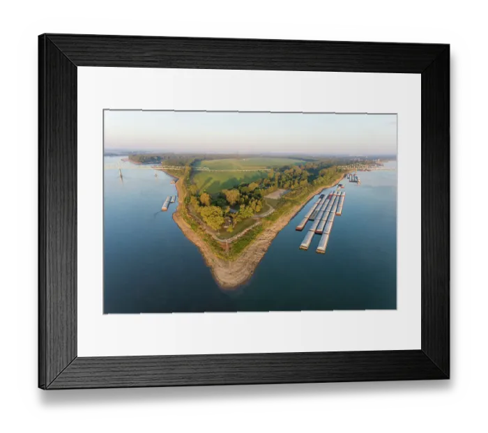 Framed Print : Aerial of the confluence of the Ohio (right) and Mississippi (left) Rivers at the southernmost point in Illinois. Fort Defiance State Park, Alexander County, Illinois. (Editorial Use Only)
