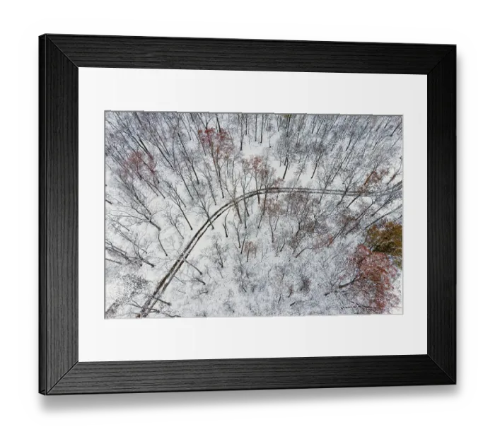 Framed Print : Aerial of forest and road after snowfall, Marion County, Illinois. (Editorial Use Only) Framed Print : Aerial of forest and road after snowfall, Marion County, Illinois. (Editorial Use Only)
