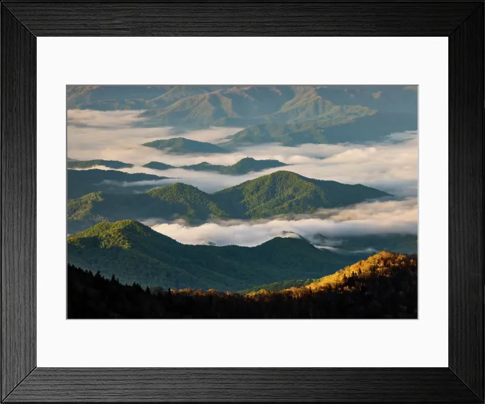 Framed Print : Early morning spring view of mountains and mist, from Clingmans Dome area, Great Smoky Mountains National Park, North Carolina