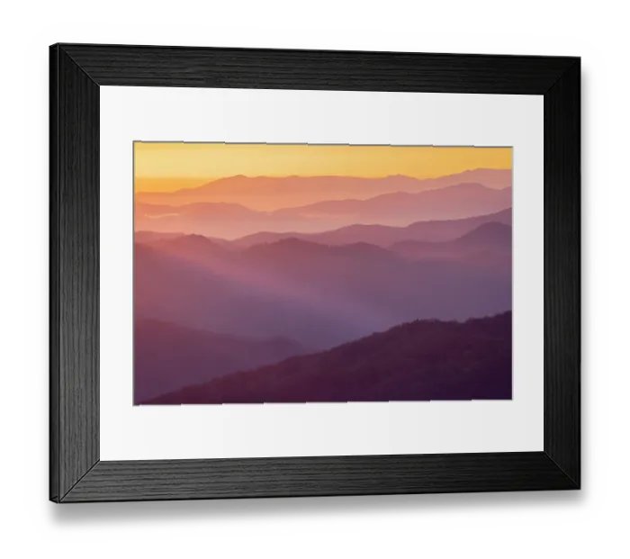 Framed Print : Spring sunrise view of mountains and mist, from Clingmans Dome area, Great Smoky Mountains National Park, North Carolina Framed Print : Spring sunrise view of mountains and mist, from Clingmans Dome area, Great Smoky Mountains National Park, North Carolina