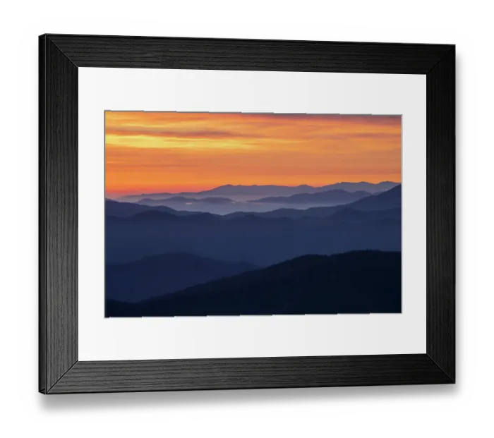 Framed Print : Spring sunrise view of mountains and mist, from Clingmans Dome area, Great Smoky Mountains National Park, North Carolina