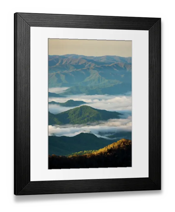 Framed Print : Early morning spring view of mountains and mist, from Clingmans Dome area, Great Smoky Mountains National Park, North Carolina