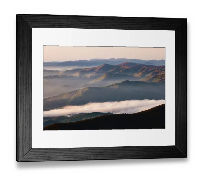 Framed Print : Early morning spring view of mountains and mist, from Clingmans Dome area, Great Smoky Mountains National Park, North Carolina