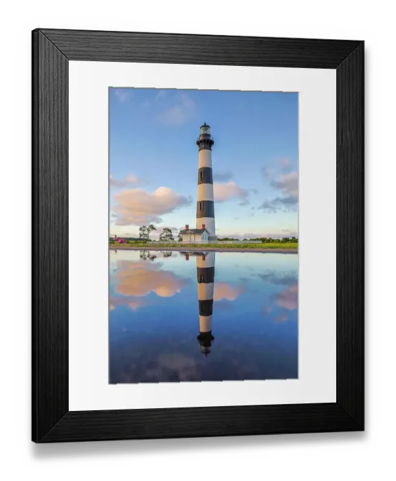 Framed Print : USA, North Carolina, Nags Head. Bodie Island Lighthouse reflection in a puddle