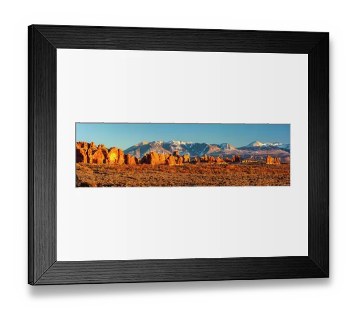 Framed Print : USA, Utah, Arches National Park. Panoramic of La Sal Mountains and Parade Of Elephants formations