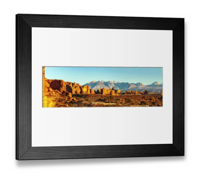 Framed Print : USA, Utah, Arches National Park. Panoramic of La Sal Mountains and Parade Of Elephants formations Framed Print : USA, Utah, Arches National Park. Panoramic of La Sal Mountains and Parade Of Elephants formations