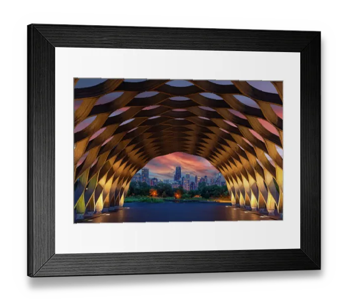 Framed Print : USA, Illinois, Chicago. Downtown skyline seen through the Education Pavilion in Lincoln Park. (Editorial Use Only)