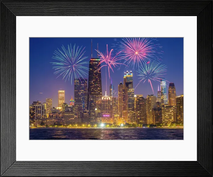 Framed Print : USA, Illinois, Chicago. Composite of downtown skyline and fireworks. (Editorial Use Only)