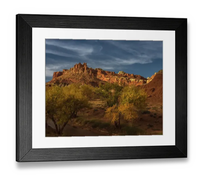 Framed Print : USA, Utah, Capital Reef National Park. Sunrise on mountain formations and trees Framed Print : USA, Utah, Capital Reef National Park. Sunrise on mountain formations and trees