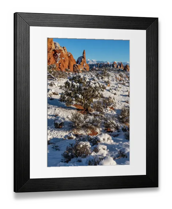 Framed Print : USA, Utah. Winter snowfall in Arches National Park