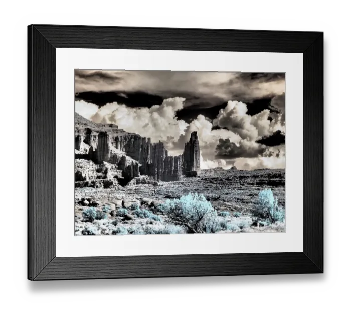 Framed Print : USA, Utah. Infrared of Fisher Towers with large clouds Framed Print : USA, Utah. Infrared of Fisher Towers with large clouds