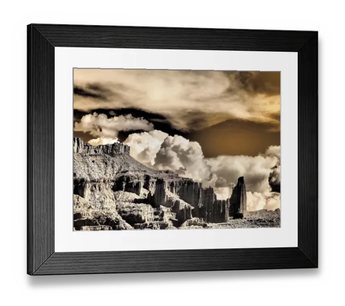 Framed Print : USA, Utah. Infrared of Fisher Towers with large clouds Framed Print : USA, Utah. Infrared of Fisher Towers with large clouds
