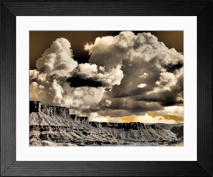 Framed Print : USA, Utah. Infrared of Fisher Towers with large clouds