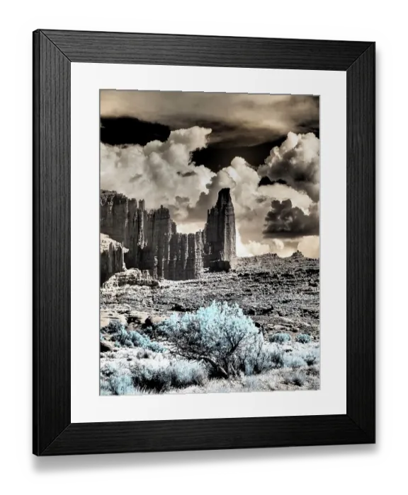Framed Print : USA, Utah. Infrared of Fisher Towers with large clouds