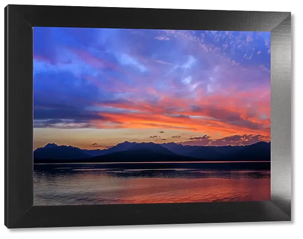 USA, Washington State, Seabeck. Sunset panoramic of Hood Canal and Olympic Mountains