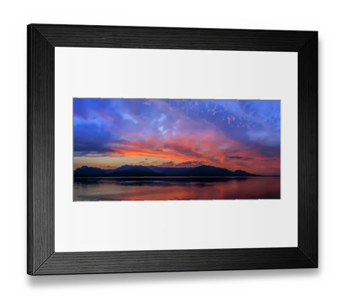 Framed Print : USA, Washington State, Seabeck. Sunset panoramic of Hood Canal and Olympic Mountains Framed Print : USA, Washington State, Seabeck. Sunset panoramic of Hood Canal and Olympic Mountains