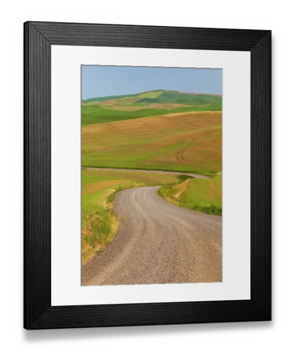 Framed Print : USA, Idaho, Genesee. Green wheat fields. Gravel, dirt road Framed Print : USA, Idaho, Genesee. Green wheat fields. Gravel, dirt road