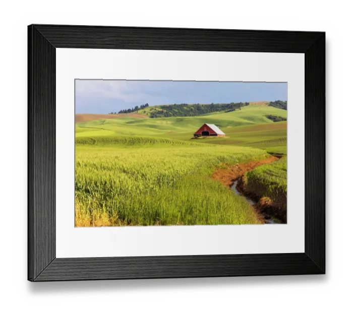 Framed Print : USA, Washington State, Colton, Palouse. Red barn, green wheat fields. Blue Sky. (Editorial Use Only)