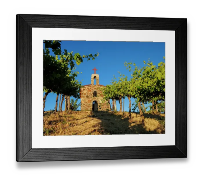 Framed Print : Red Willow Vineyards with stone chapel. (PR)