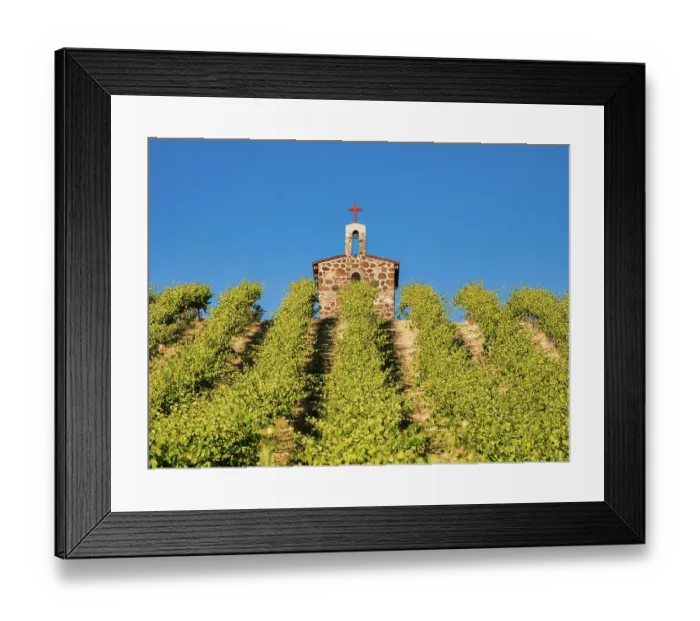 Framed Print : Red Willow Vineyards with stone chapel. (PR) Framed Print : Red Willow Vineyards with stone chapel. (PR)