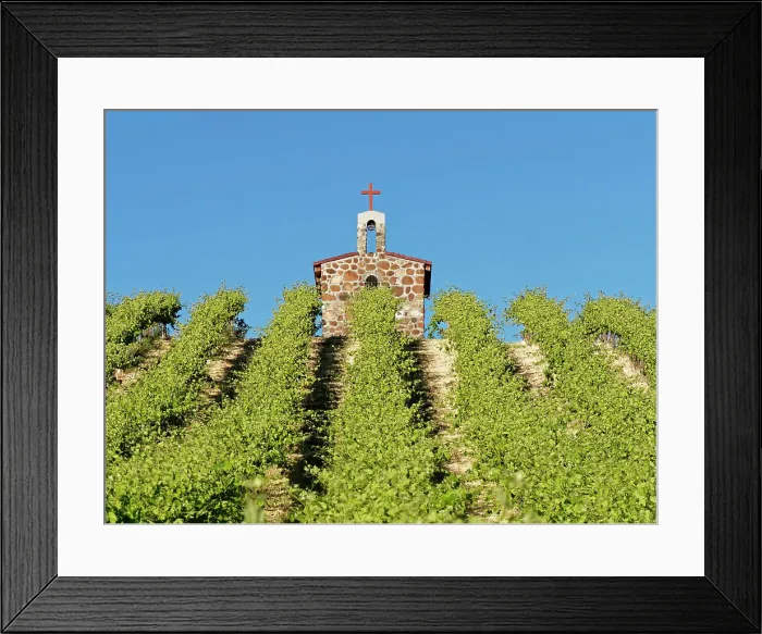 Framed Print : Red Willow Vineyards with stone chapel. (PR) Framed Print : Red Willow Vineyards with stone chapel. (PR)