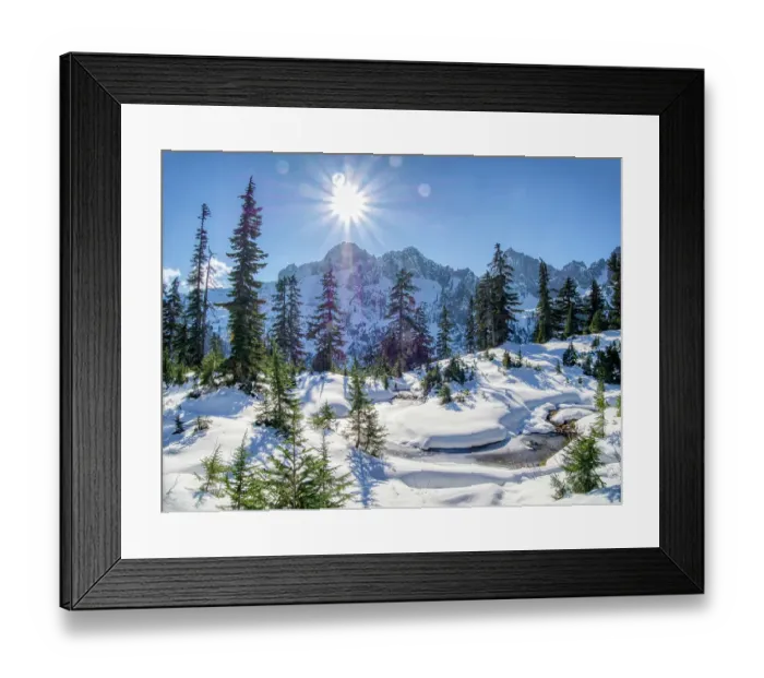 Framed Print : USA, Washington State, Alpine Lakes Wilderness. Frozen alpine pond with fresh snow and Cascade Range